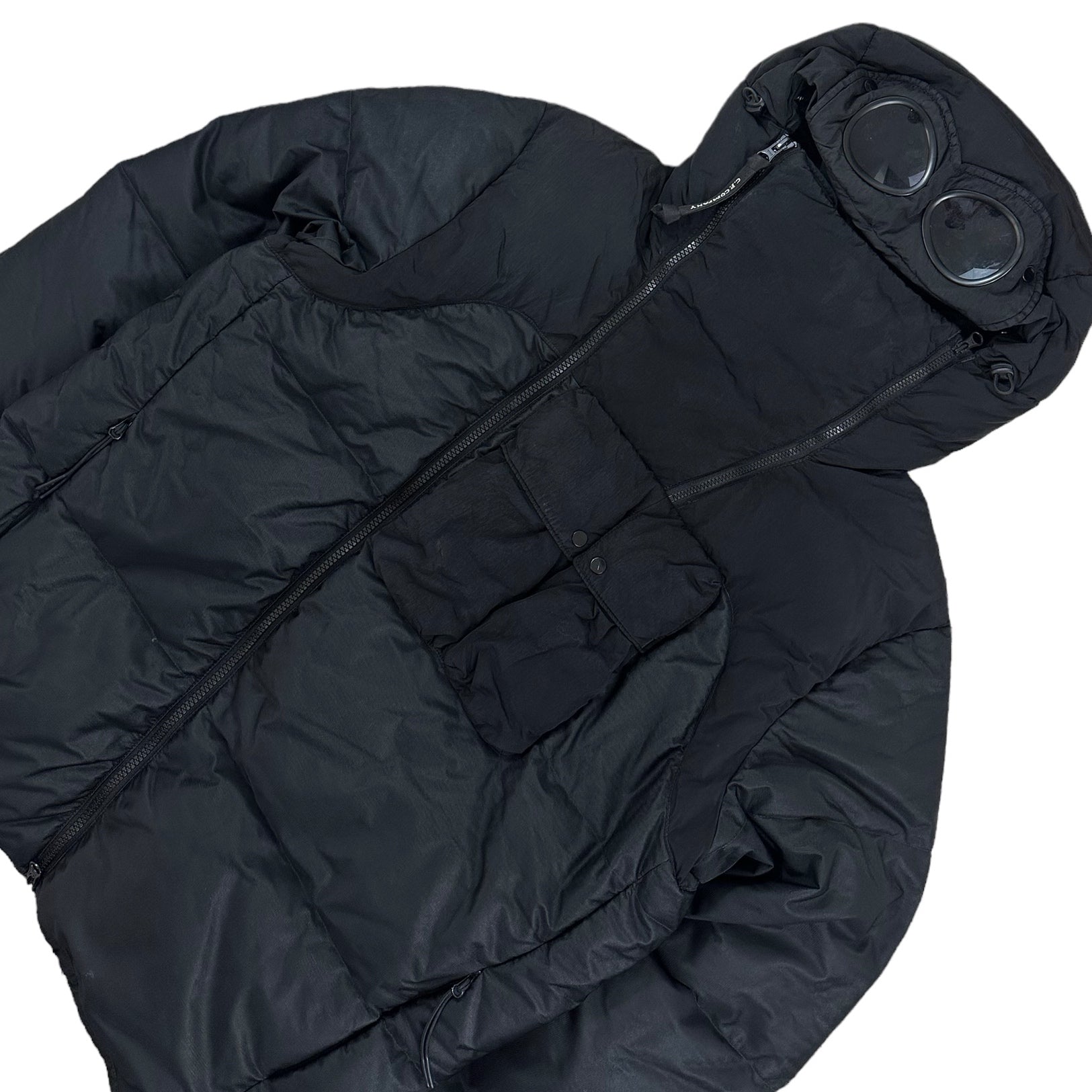 CP Company Goggle Hood Bi-Mesh Zip Up Puffer Jacket with Asymmetrical Zip