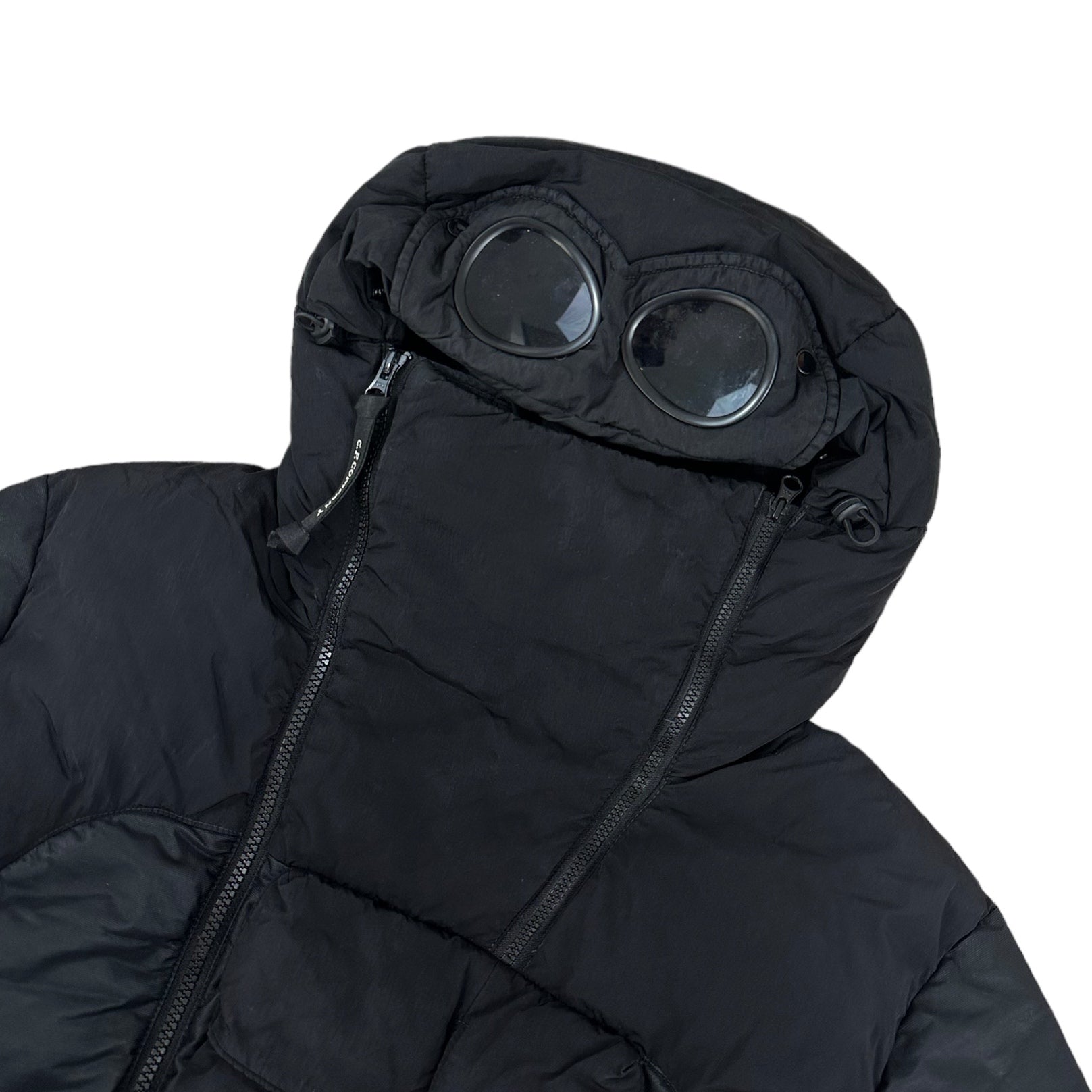 CP Company Goggle Hood Bi-Mesh Zip Up Puffer Jacket with Asymmetrical Zip